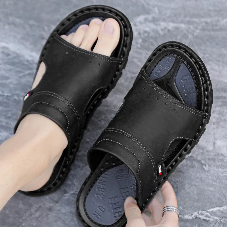 Men's Sandals | Brown Leather Slide Sandals with Cushioned Insole | Comfortable Footwear for Summer Outings
