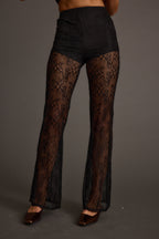 Midnight Hour | Black Lace Flare Pants with Sheer Design | Elegant Bottoms for Night Out