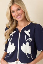Women's Midnight Magnolia Navy Floral Appliqué Puff Sleeve Top | 50% Cotton 3