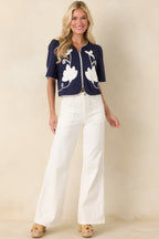 Women's Midnight Magnolia Navy Floral Appliqué Puff Sleeve Top | 50% Cotton 5