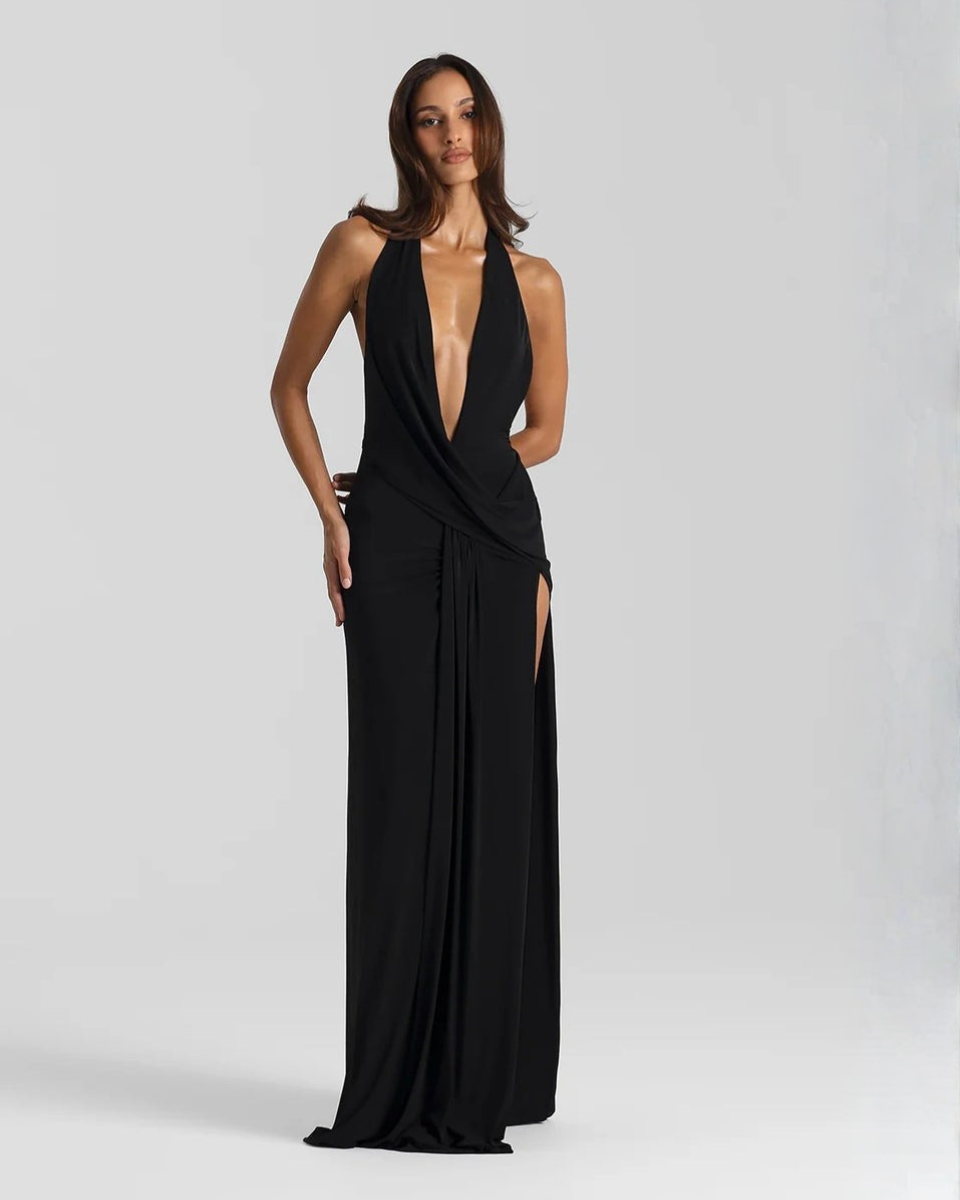 Black Maxi Dress with High Side Slit & Open Back – Elegant Long...