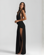 Black Maxi Dress with High Side Slit & Open Back – Elegant Long...