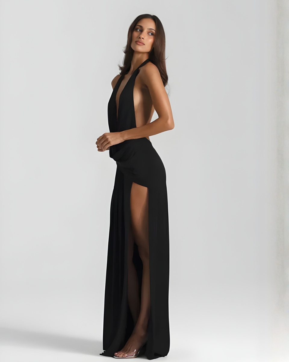 Black Maxi Dress with High Side Slit & Open Back – Elegant Long...