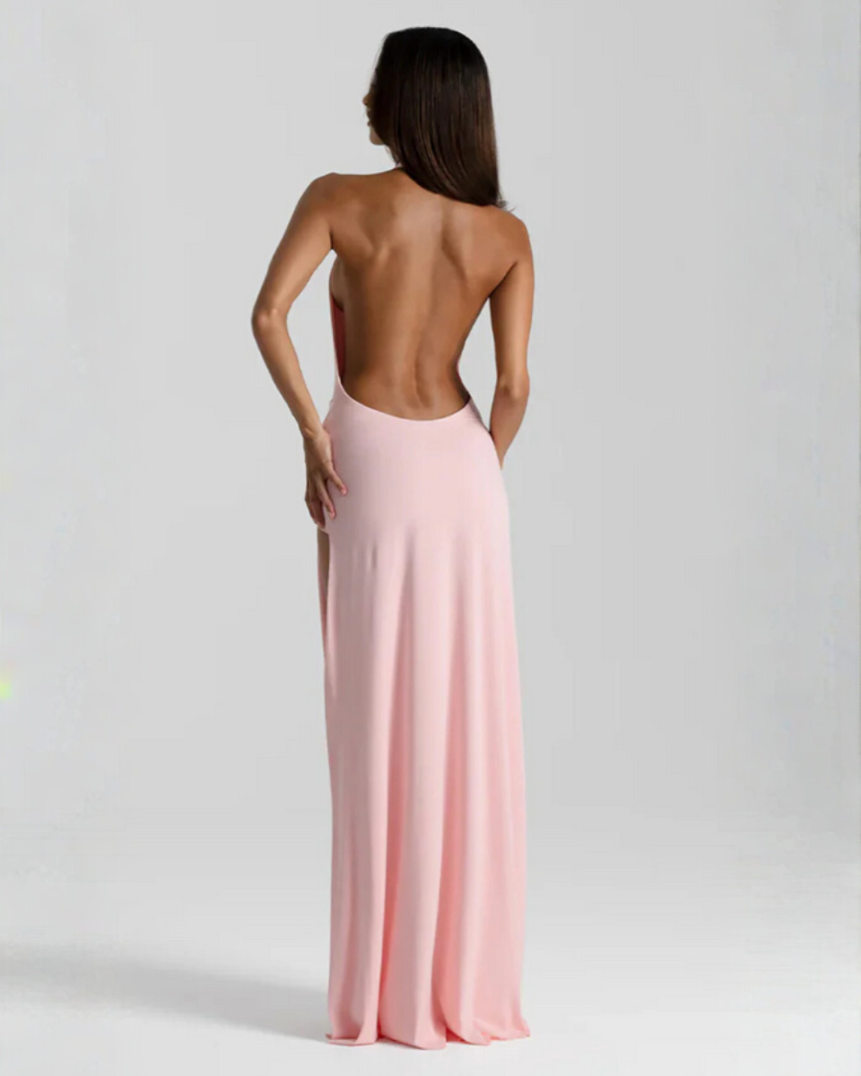 Black Maxi Dress with High Side Slit & Open Back – Elegant Long...