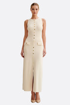 Misciano | Ecru Ribbed Knit Dress with Gold Buttons | Elegant Silhouette for Timeless Style