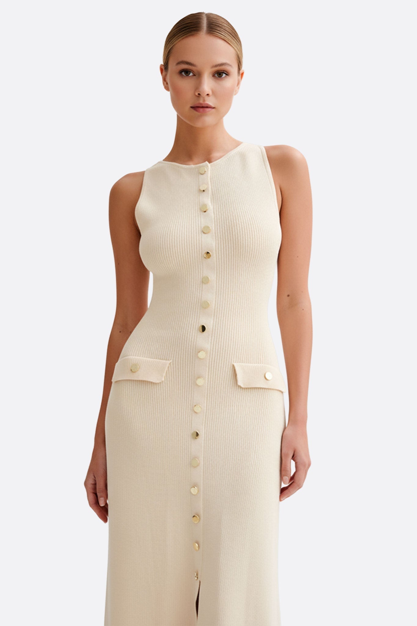 Misciano | Ecru Ribbed Knit Dress with Gold Buttons | Elegant Silhouette for Timeless Style