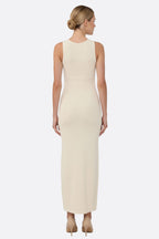 Misciano | Ecru Ribbed Knit Dress with Gold Buttons | Elegant Silhouette for Timeless Style
