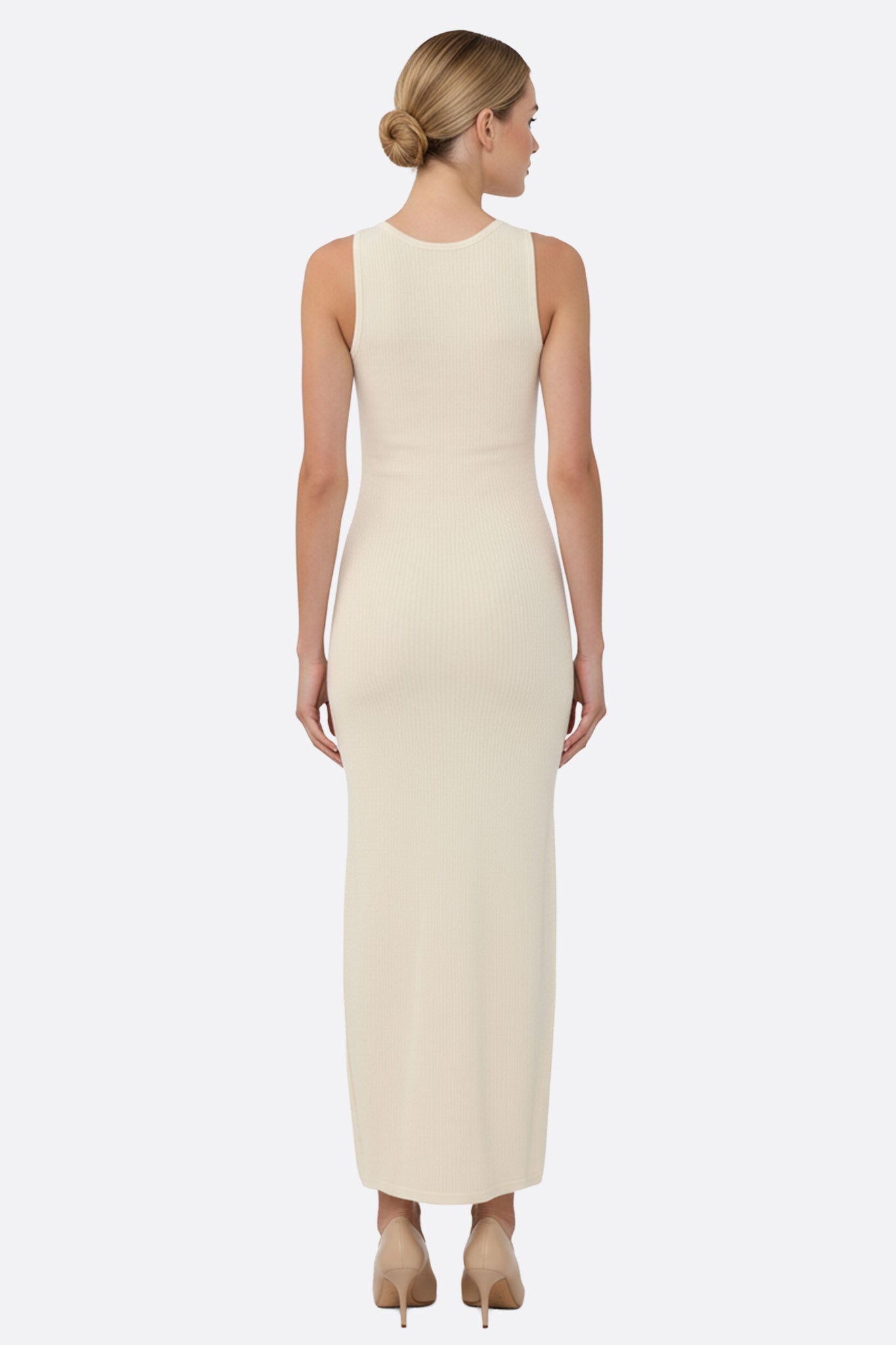 Misciano | Ecru Ribbed Knit Dress with Gold Buttons | Elegant Silhouette for Timeless Style