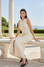 Misciano | Ecru Ribbed Knit Dress with Gold Buttons | Elegant Silhouette for Timeless Style