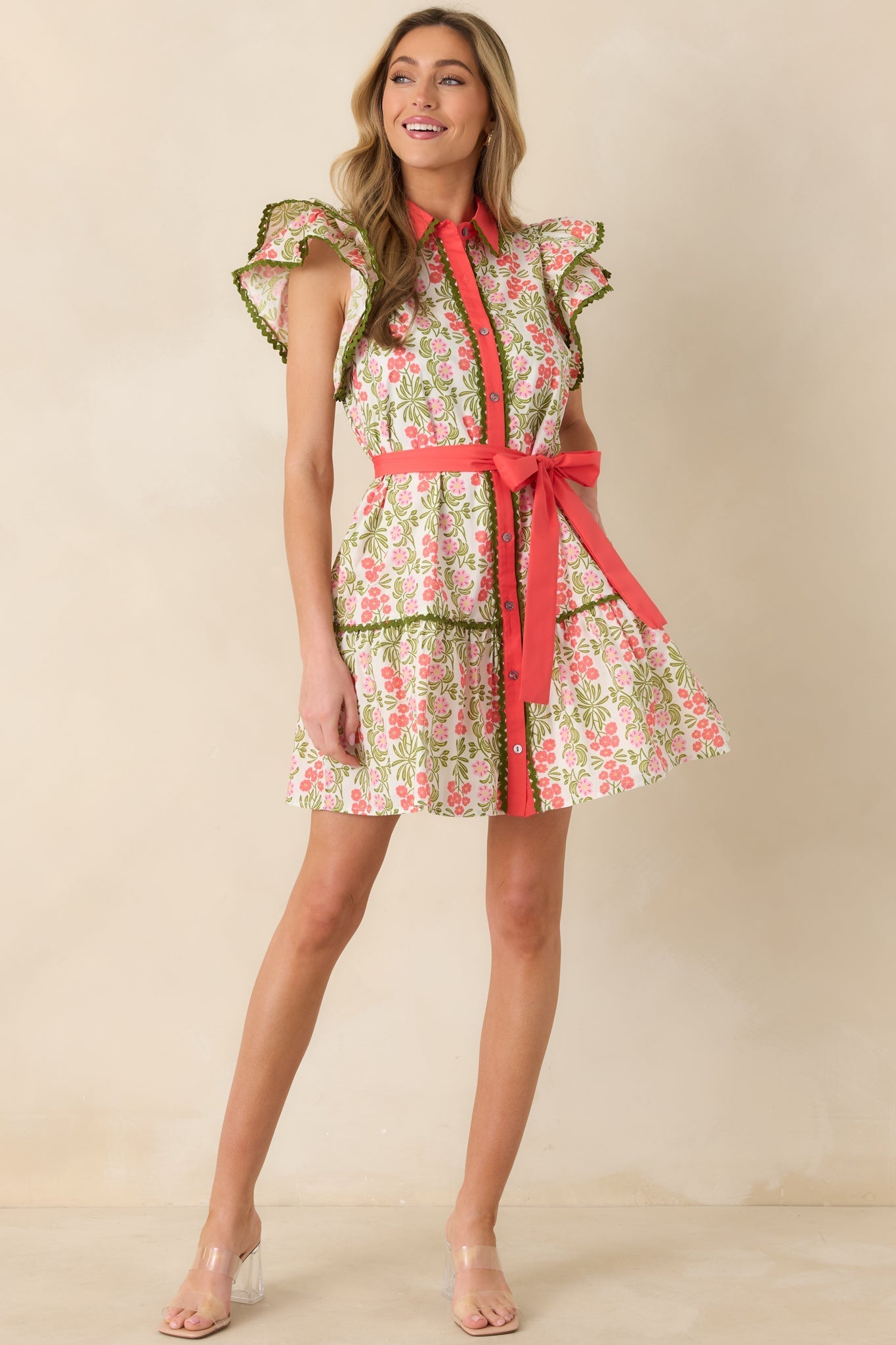 Women's Missing The Point Coral Pink Floral Cotton Button Front Mini Dress | 100% Cotton 2