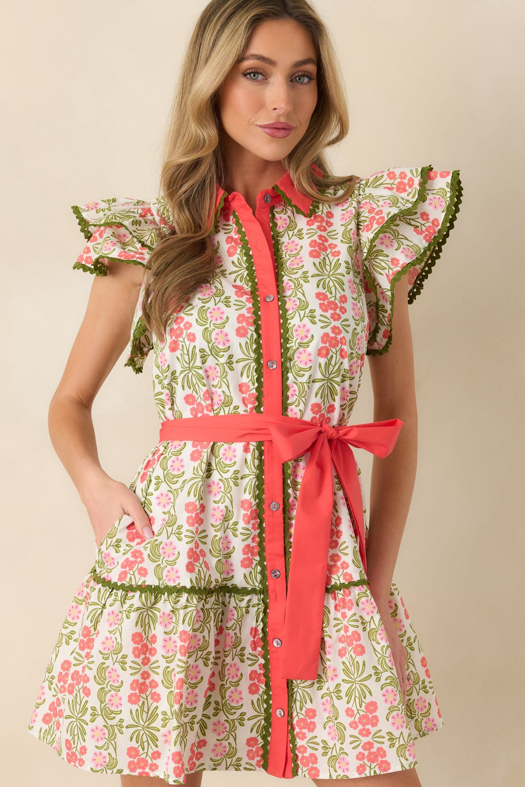 Women's Missing The Point Coral Pink Floral Cotton Button Front Mini Dress | 100% Cotton 3