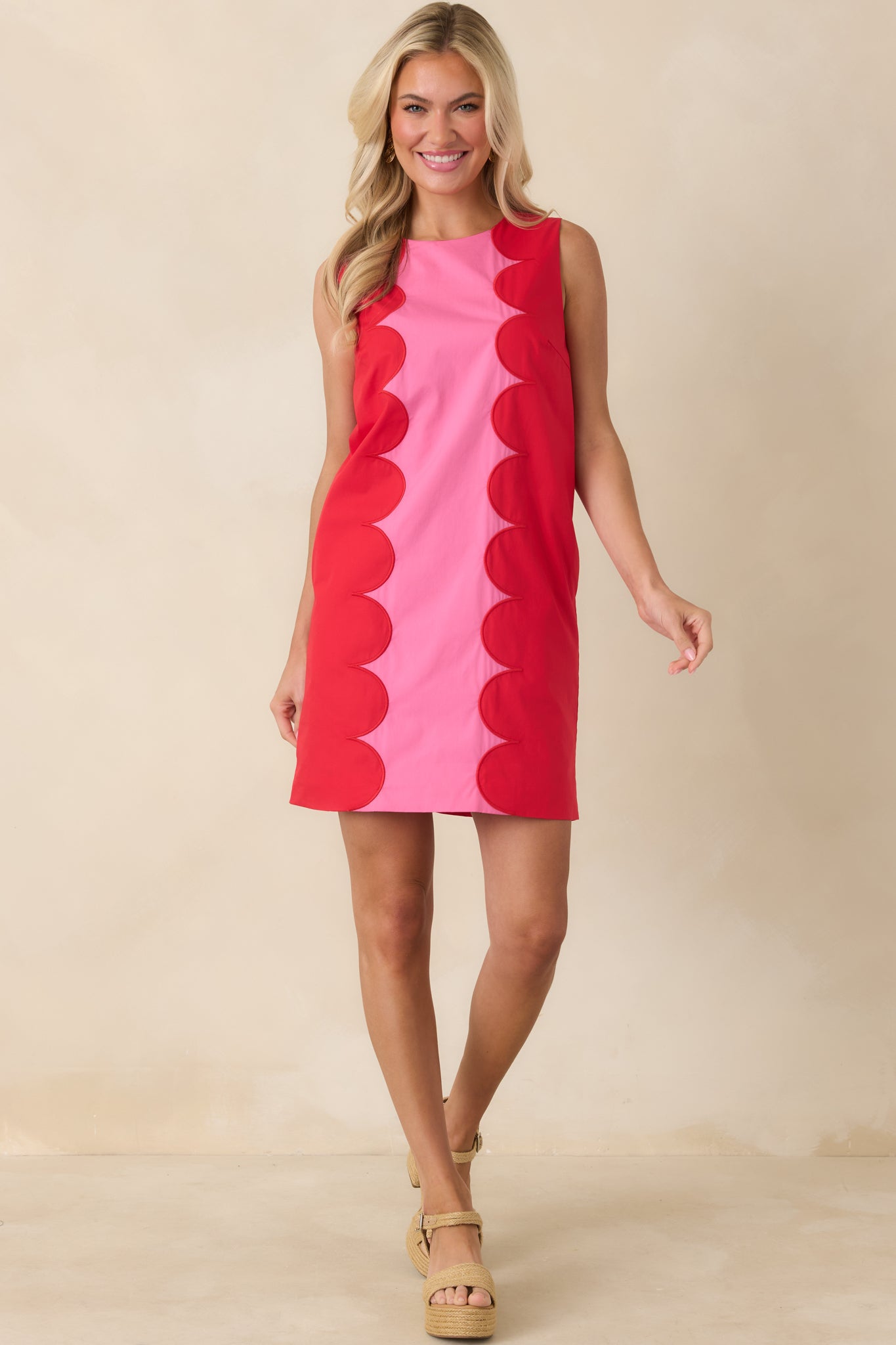 Women's Mod About You Red & Pink Cotton Contrast Scallop Mini Dress | 100% Cotton Contrast: 100% Cotton 0