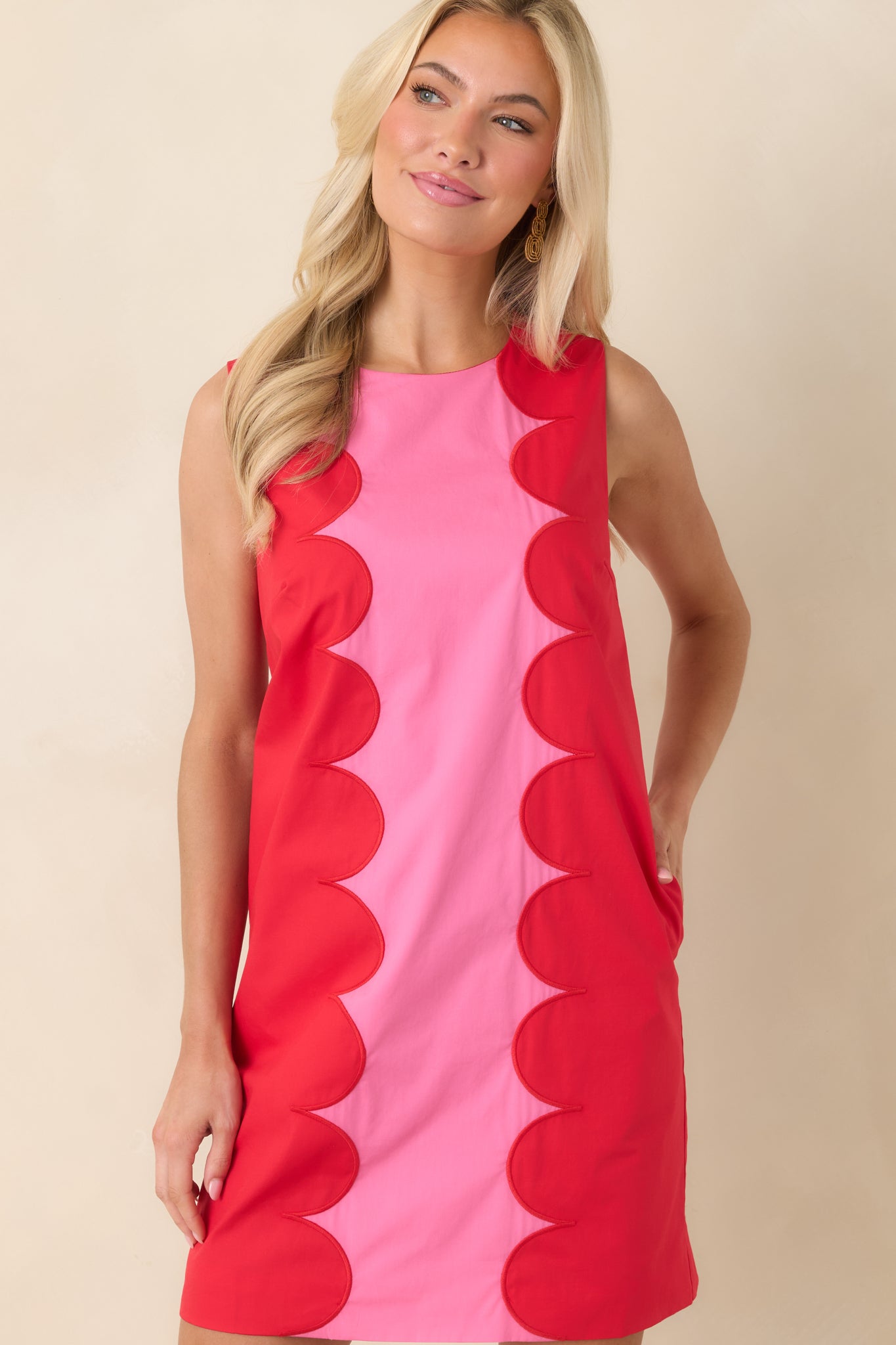 Women's Mod About You Red & Pink Cotton Contrast Scallop Mini Dress | 100% Cotton Contrast: 100% Cotton 6
