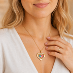 Model wearing birthstone heart pendant necklace