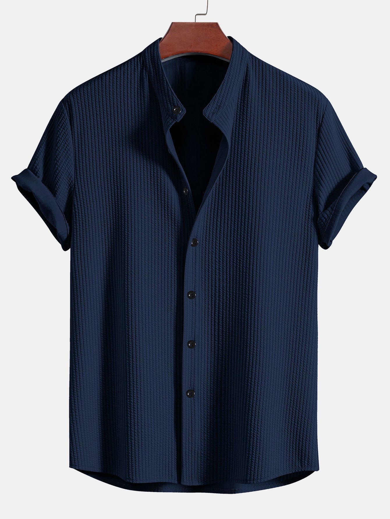 Muscle Fit | Ribbed Stand Collar Shirt with Stretch Fabric | Comfortable Fit for Everyday Wear