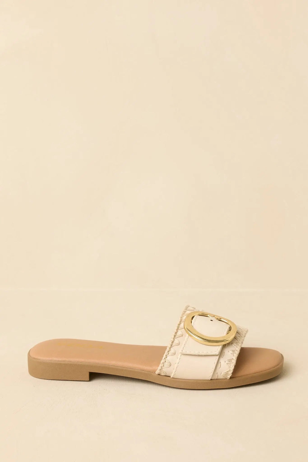 Women's New Adventures Beige Faux Leather Buckle Strap Slide Sandals | All Man Made Materials 2