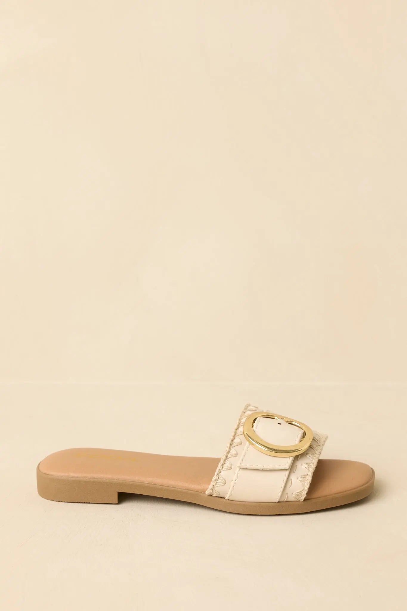 Women's New Adventures Beige Faux Leather Buckle Strap Slide Sandals | All Man Made Materials 2