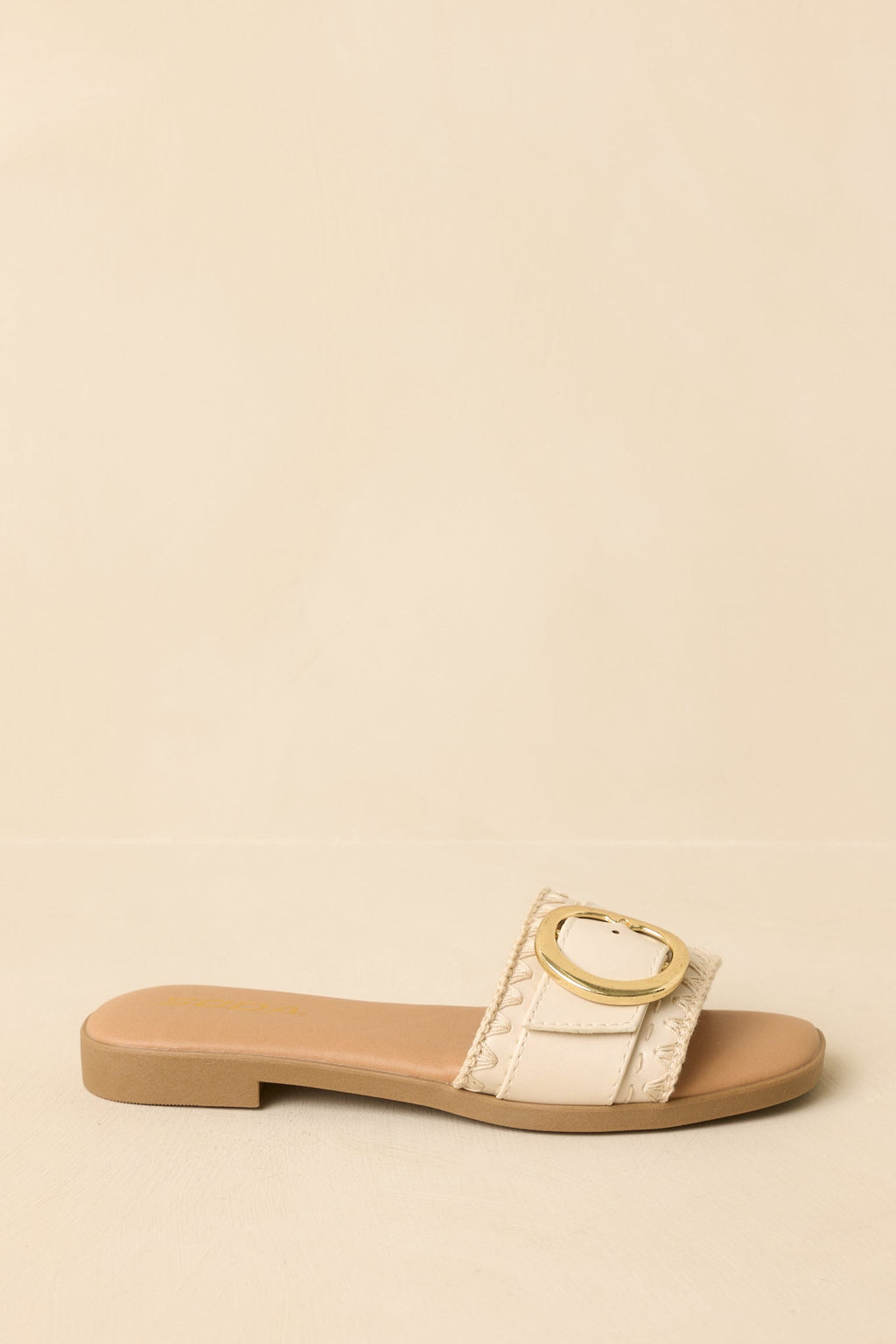 Women's New Adventures Beige Faux Leather Buckle Strap Slide Sandals | All Man Made Materials 2