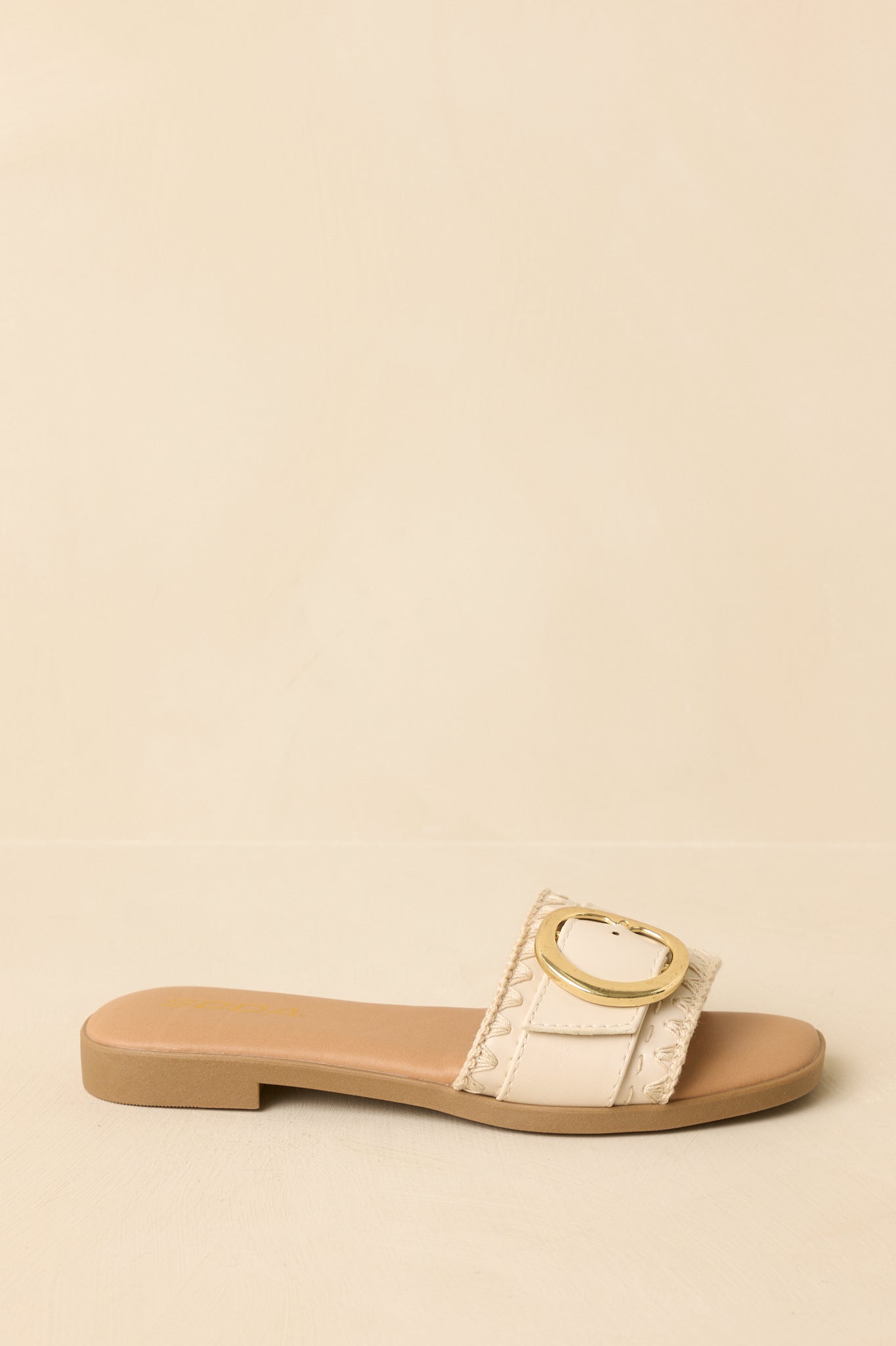 Women's New Adventures Beige Faux Leather Buckle Strap Slide Sandals | All Man Made Materials 2