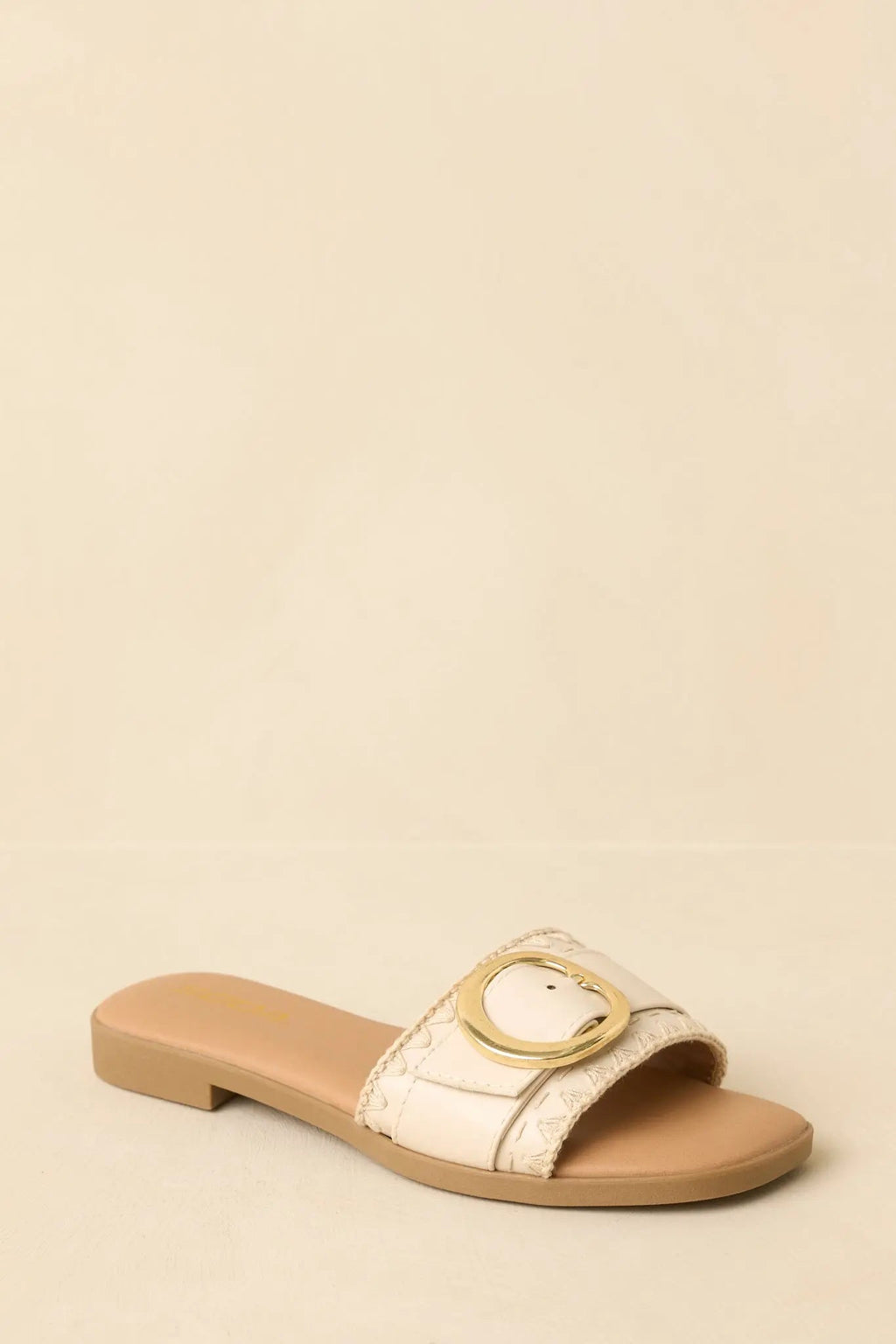 Women's New Adventures Beige Faux Leather Buckle Strap Slide Sandals | All Man Made Materials 3
