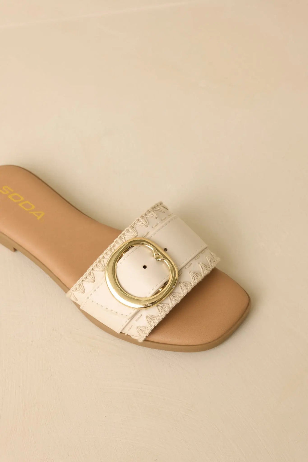 Women's New Adventures Beige Faux Leather Buckle Strap Slide Sandals | All Man Made Materials 4
