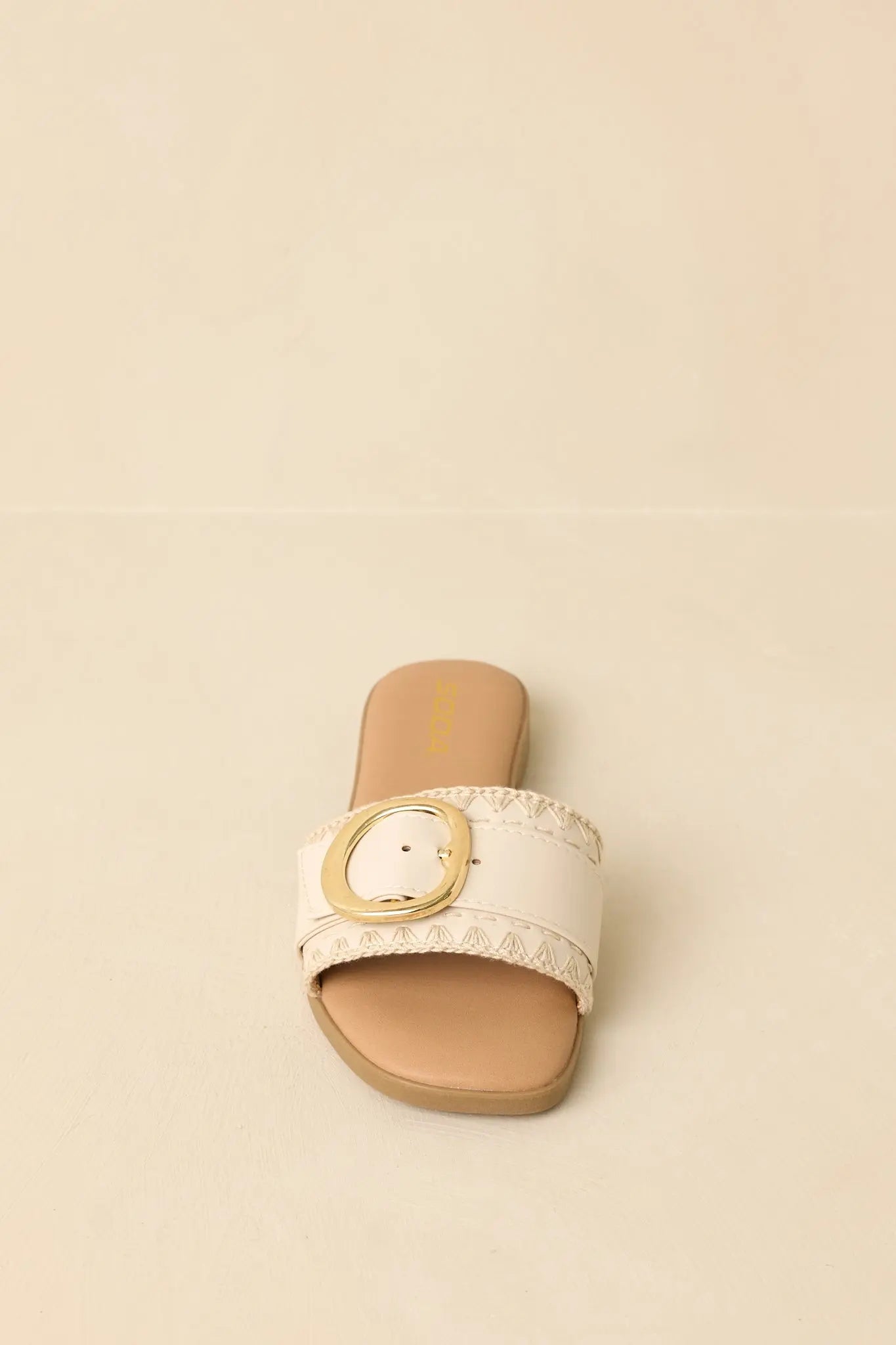 Women's New Adventures Beige Faux Leather Buckle Strap Slide Sandals | All Man Made Materials 5