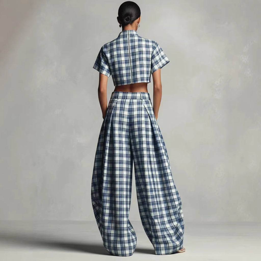 Women's Blue White Plaid Two-Piece Set – High Neck Crop Top &...