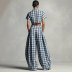Women's Blue White Plaid Two-Piece Set – High Neck Crop Top &...