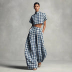 Women's Blue White Plaid Two-Piece Set – High Neck Crop Top &...