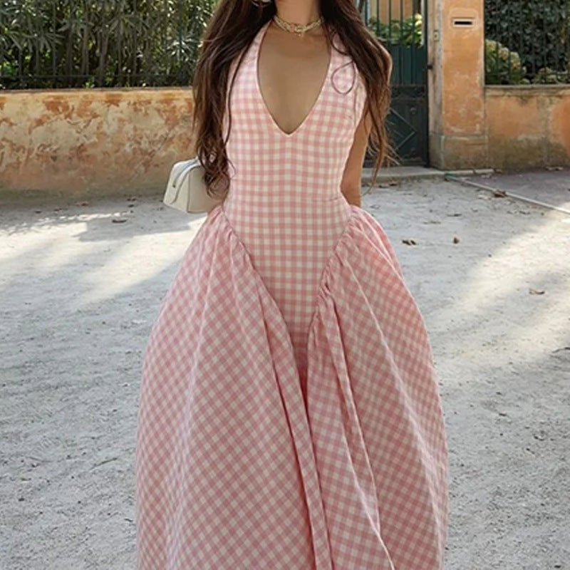 Women's Elegant French Style Pleated Maxi Dress – V-Neck Ruched...