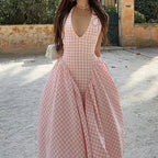Women's Elegant French Style Pleated Maxi Dress – V-Neck Ruched...