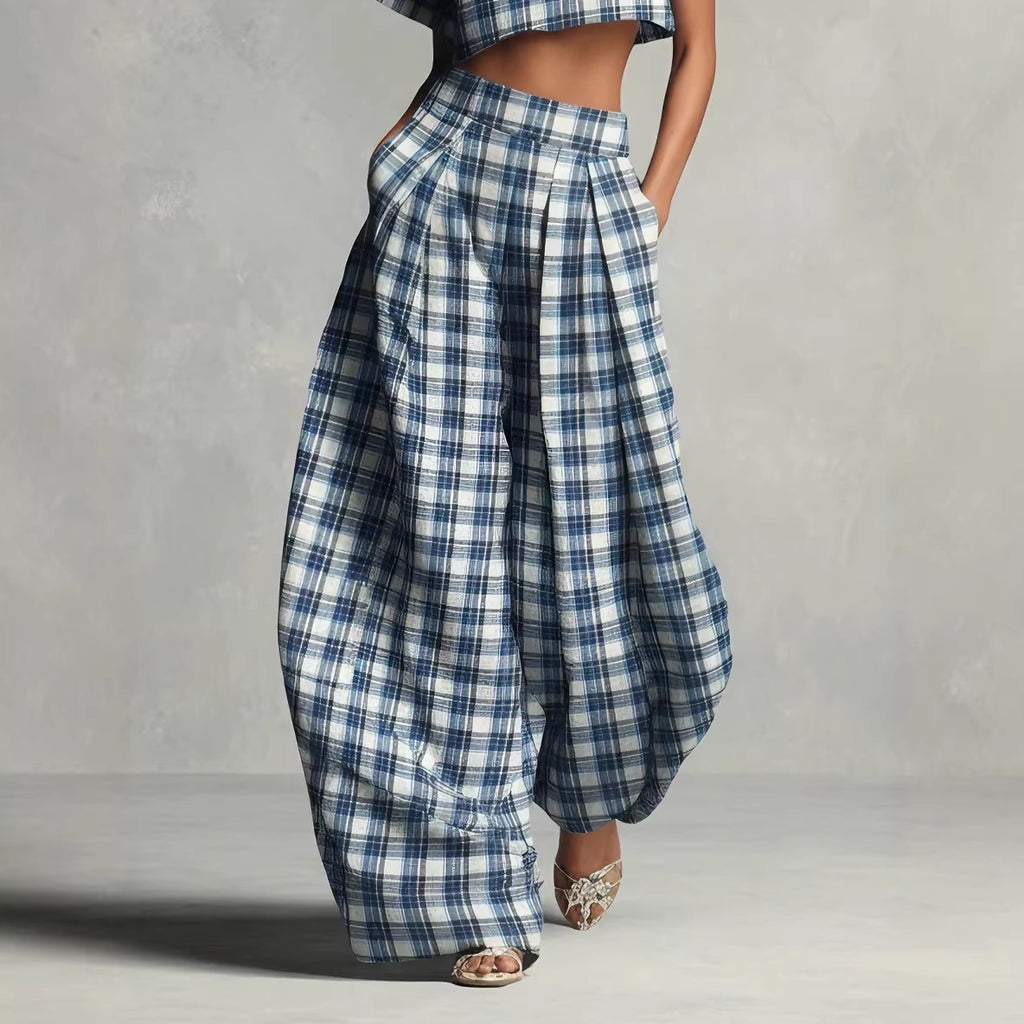 Women's Blue White Plaid Two-Piece Set – High Neck Crop Top &...