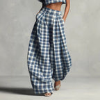 Women's Blue White Plaid Two-Piece Set – High Neck Crop Top &...