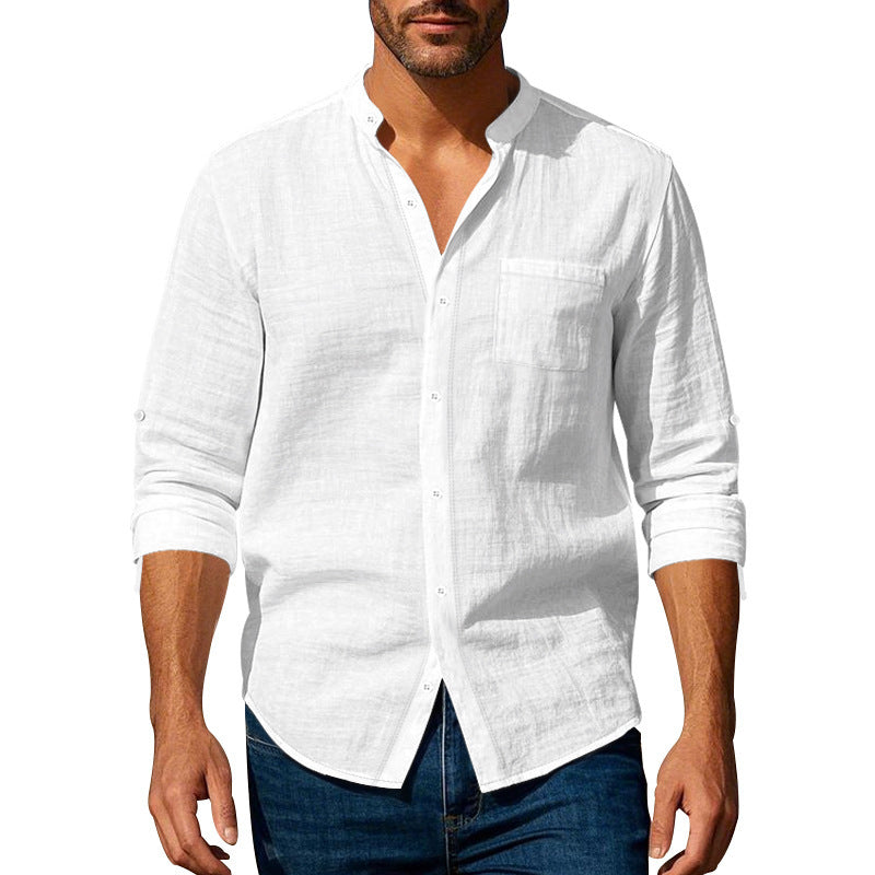 Men's Shirt – Long Sleeve Mandarin Collar Breathable Casual...