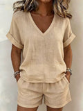 Khaki V-neck top and cuffed shorts two-piece set
