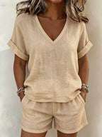 Khaki V-neck top and cuffed shorts two-piece set