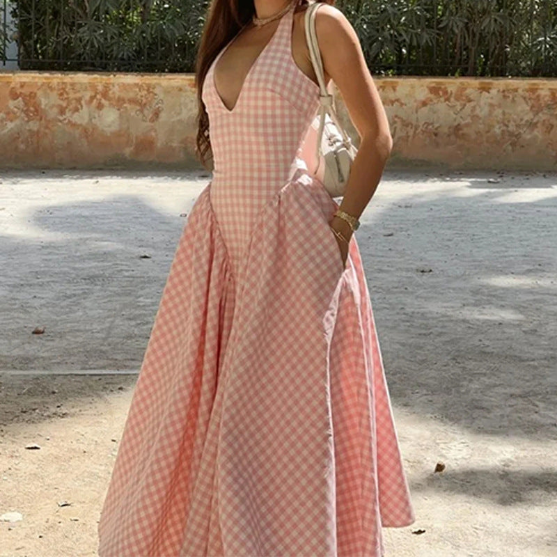 Women's Elegant French Style Pleated Maxi Dress – V-Neck Ruched...