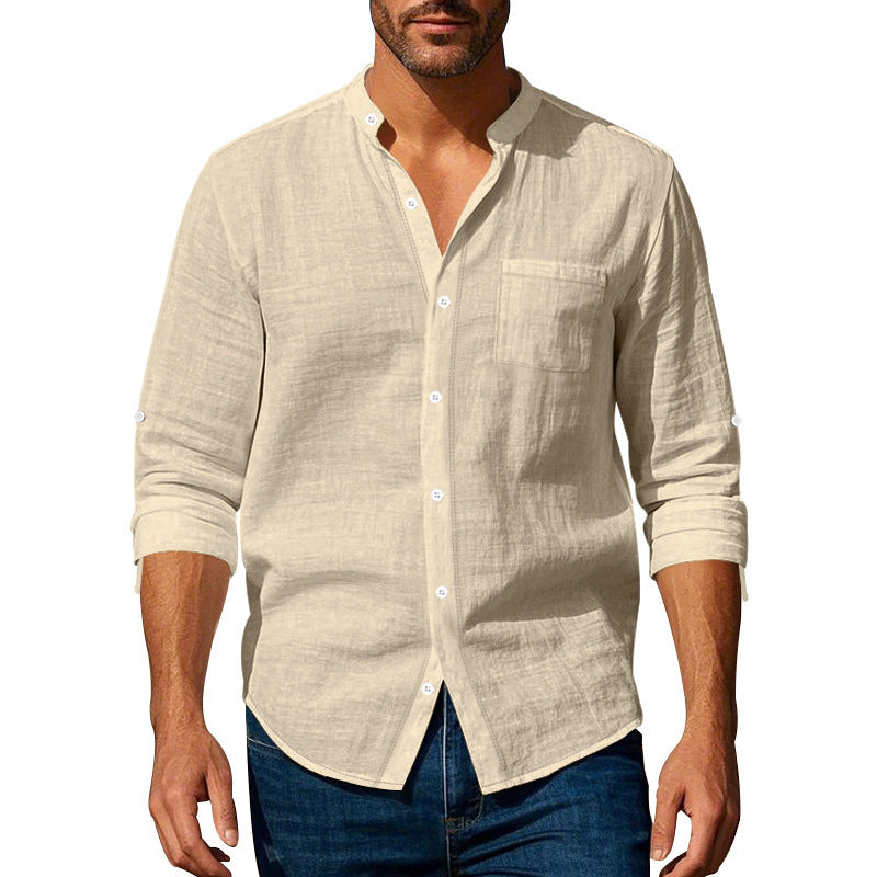 Men's Shirt – Long Sleeve Mandarin Collar Breathable Casual...