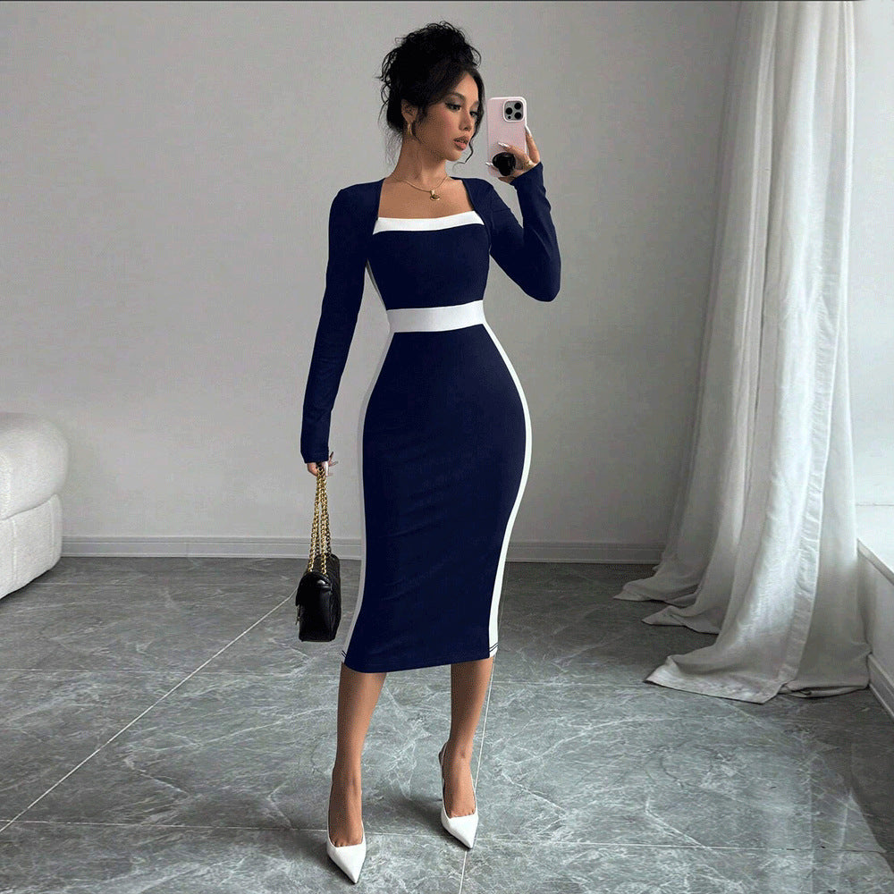 Women’s Contrast Stitch Long-Sleeve Midi Dress
