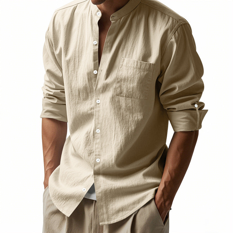 Men's Shirt – Long Sleeve Mandarin Collar Breathable Casual...
