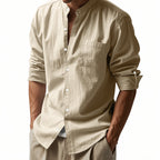 Men's Shirt – Long Sleeve Mandarin Collar Breathable Casual...