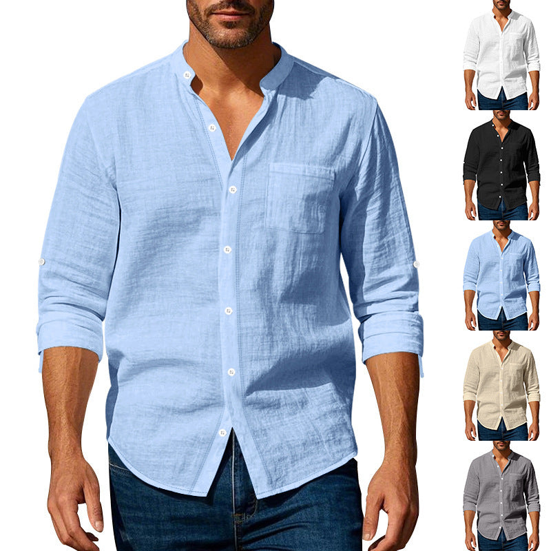 Men's Shirt – Long Sleeve Mandarin Collar Breathable Casual...