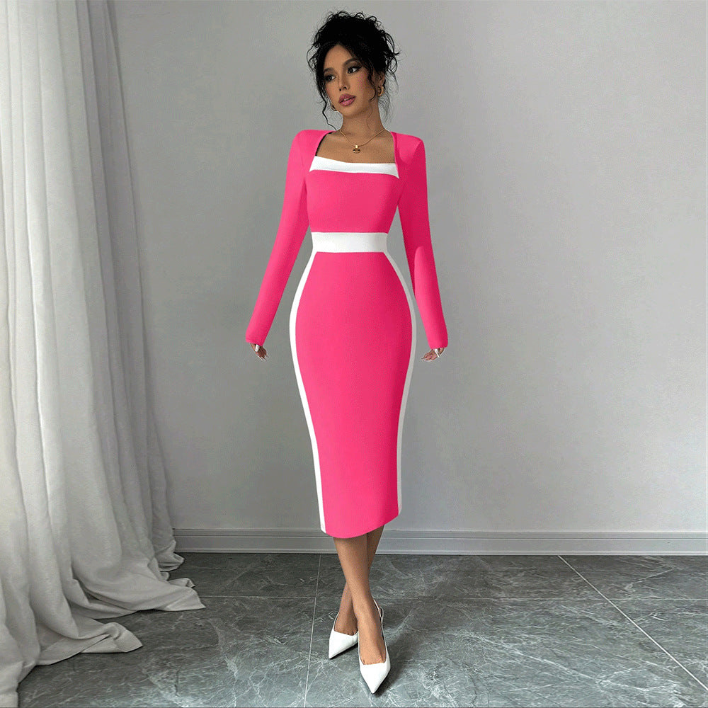 Women’s Contrast Stitch Long-Sleeve Midi Dress