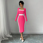 Women’s Contrast Stitch Long-Sleeve Midi Dress