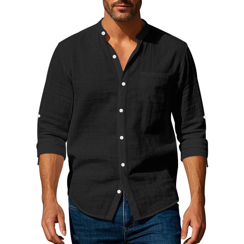 Men's Shirt – Long Sleeve Mandarin Collar Breathable Casual...