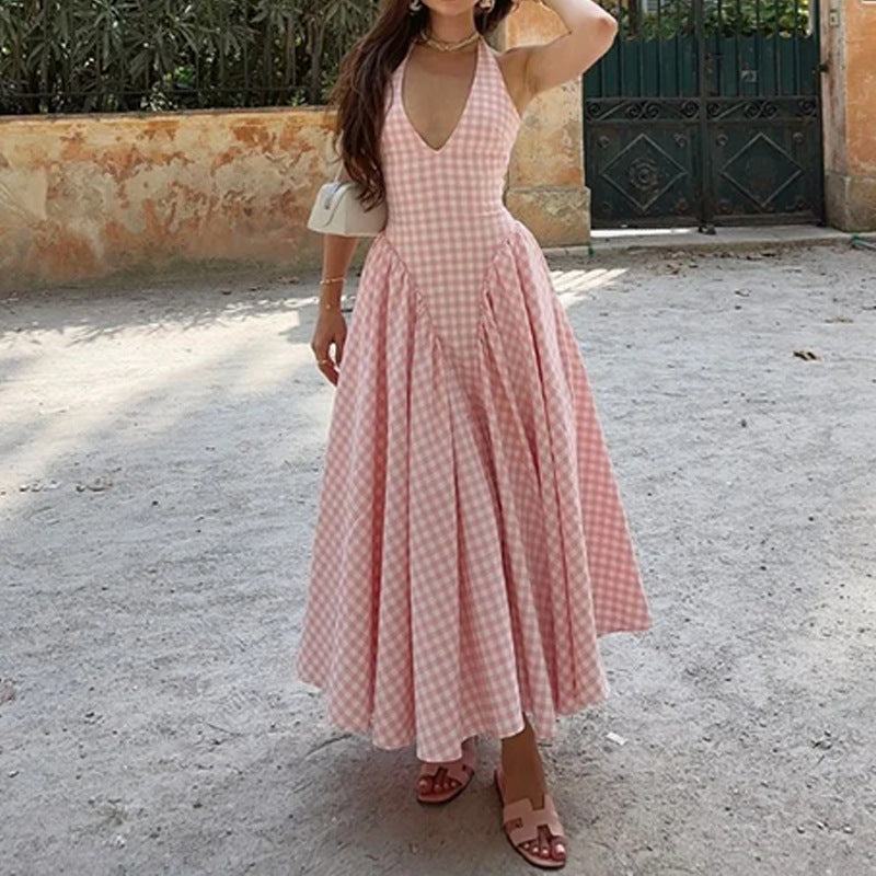 Women's Elegant French Style Pleated Maxi Dress – V-Neck Ruched...