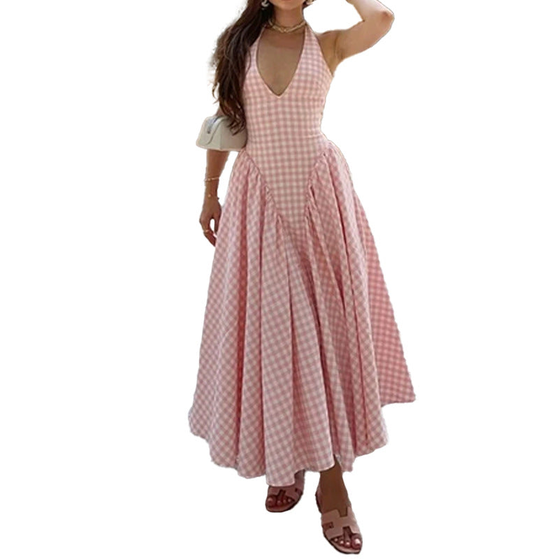 Women's Elegant French Style Pleated Maxi Dress – V-Neck Ruched...