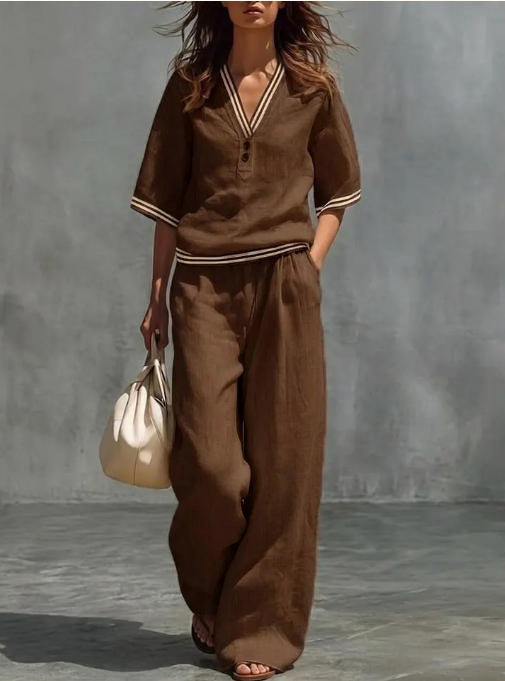 Women's linen two-piece set, color and fit detail