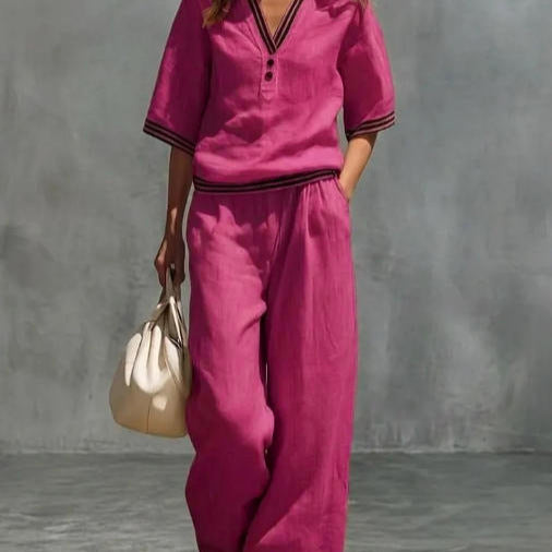 Women's Linen Two-Piece Set – V-Neck Casual Loose Top & Wide Leg...