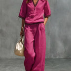 Women's Linen Two-Piece Set – V-Neck Casual Loose Top & Wide Leg...